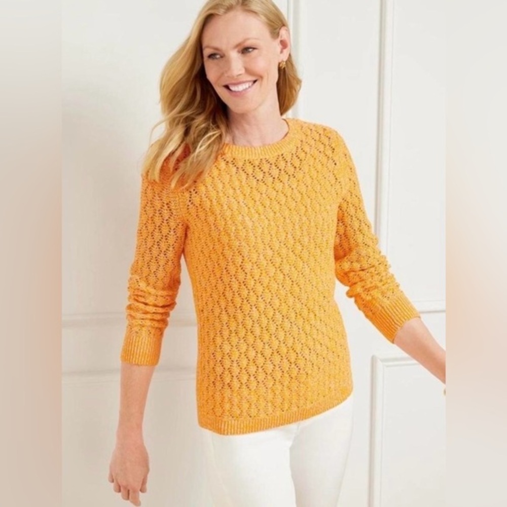 NWT Women's Talbots Pointelle‎ Marl Crewneck Sweater XS Open Weave Knit Orange